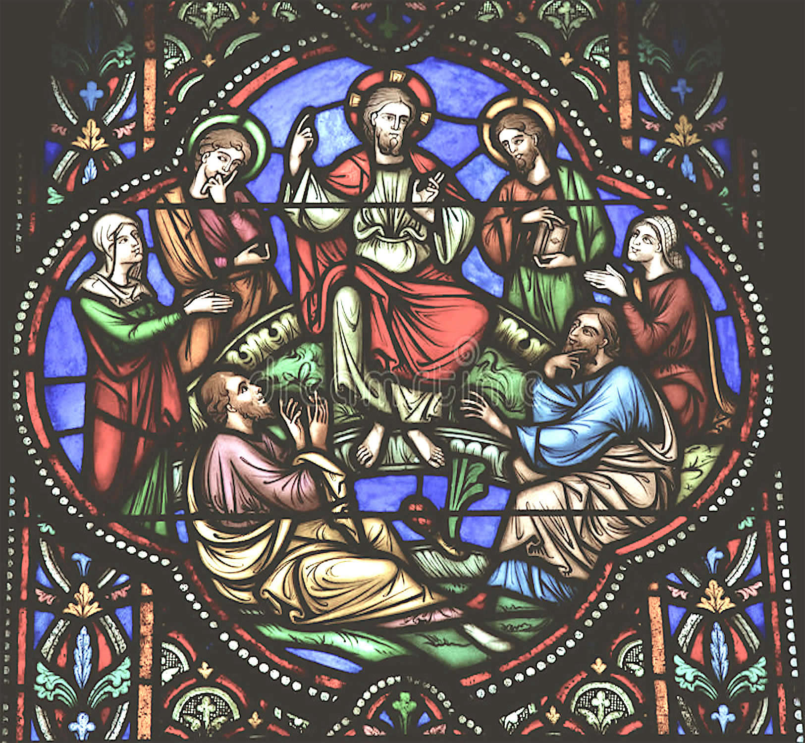 Stained glass window depicting Jesus Imparting Wisdom