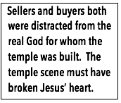 Text Box:  Sellers and buyers both were distracted from the real God for whom the temple was built.  The temple scene must have broken Jesus’ heart.